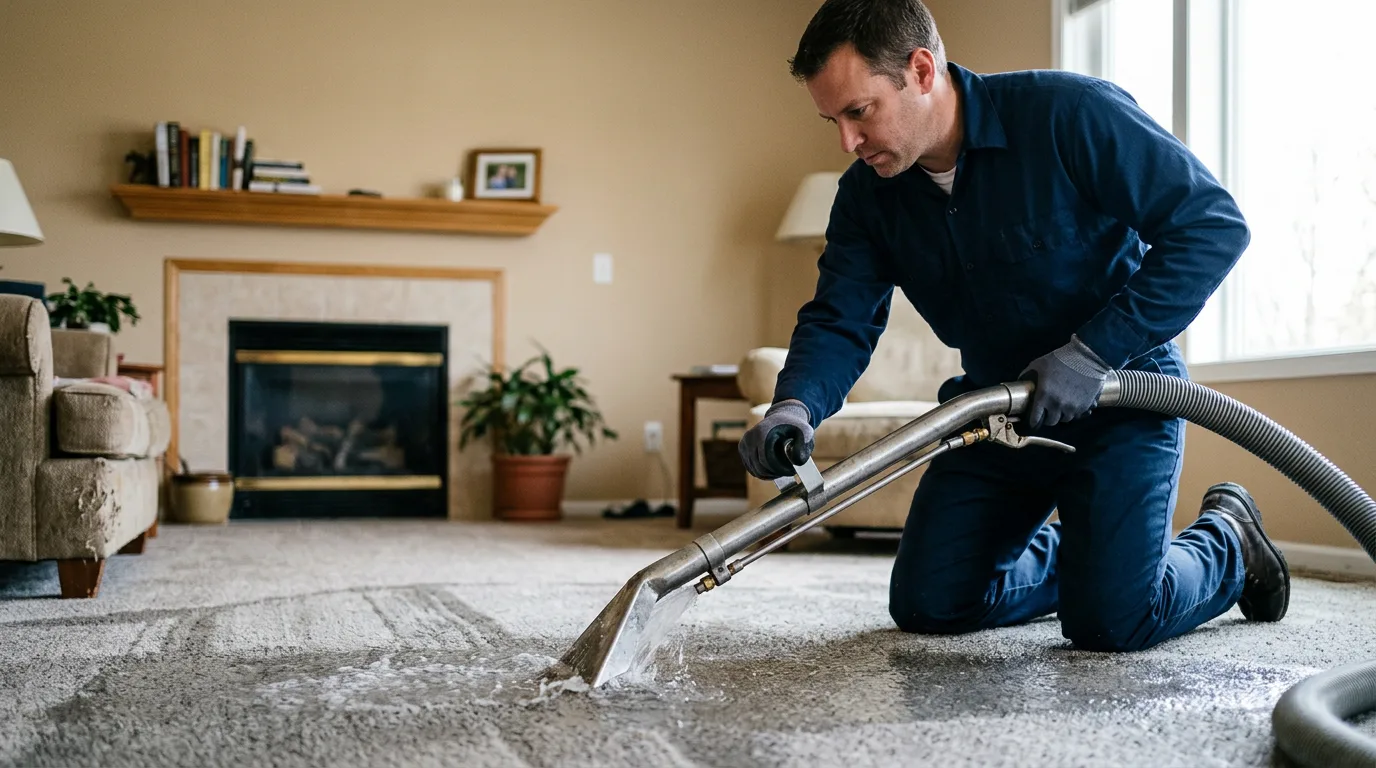 Water damage restoration technician working near Akron, PA